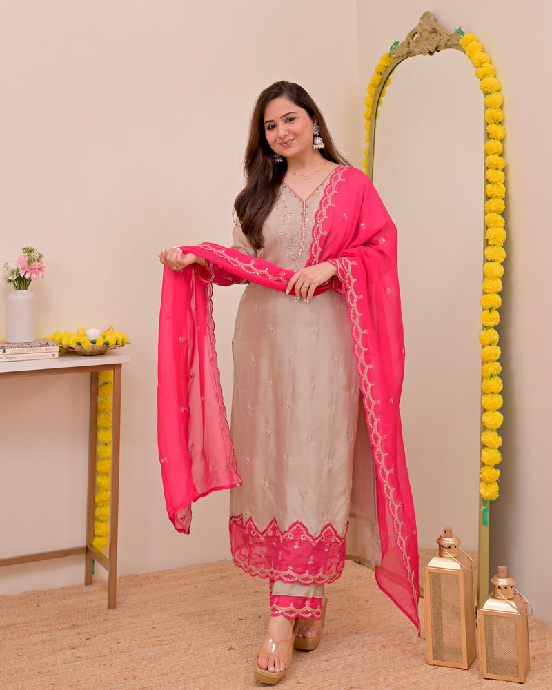 Champagne Charm Chanderi Silk Handwork Festive Suit
