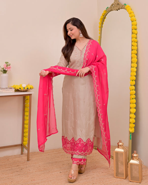 Champagne Charm Chanderi Silk Handwork Festive Suit