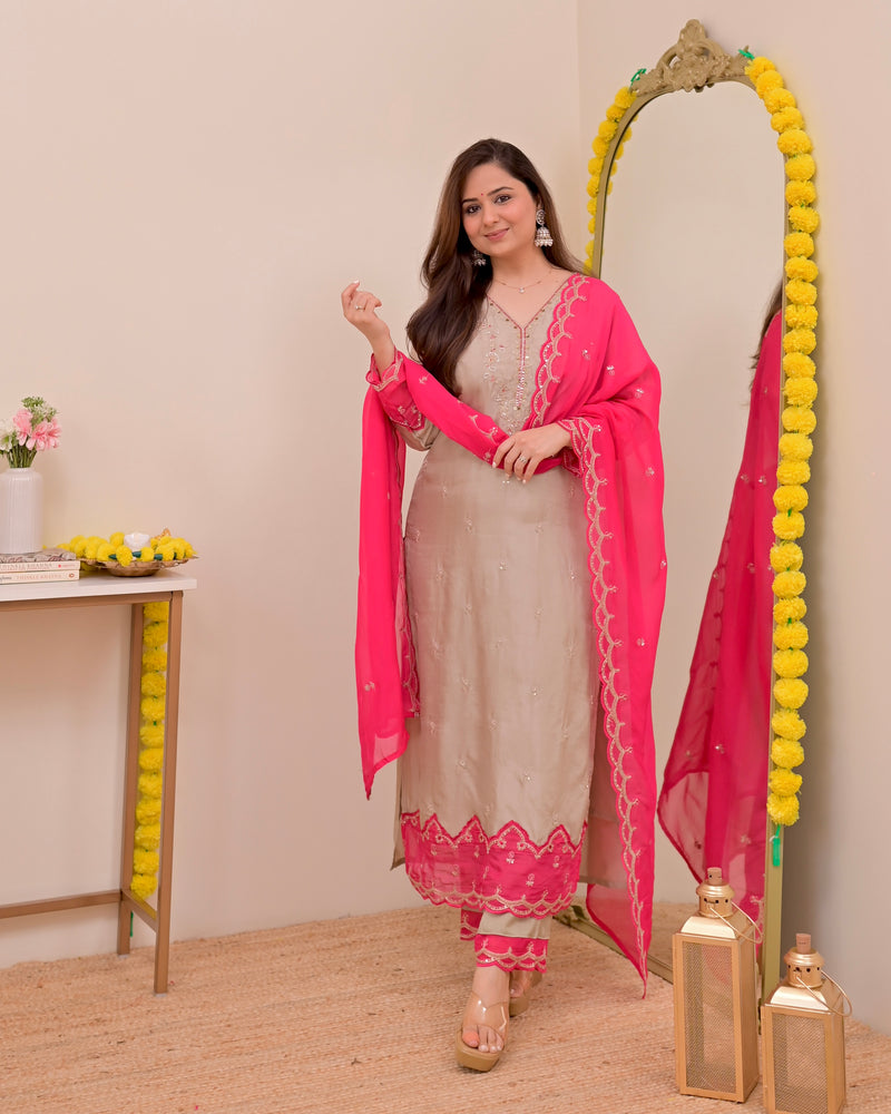 Champagne Charm Chanderi Silk Handwork Festive Suit