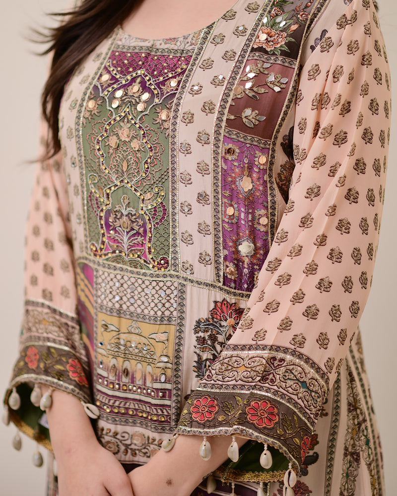 Green Crepe Handwork A Line Festive Suit