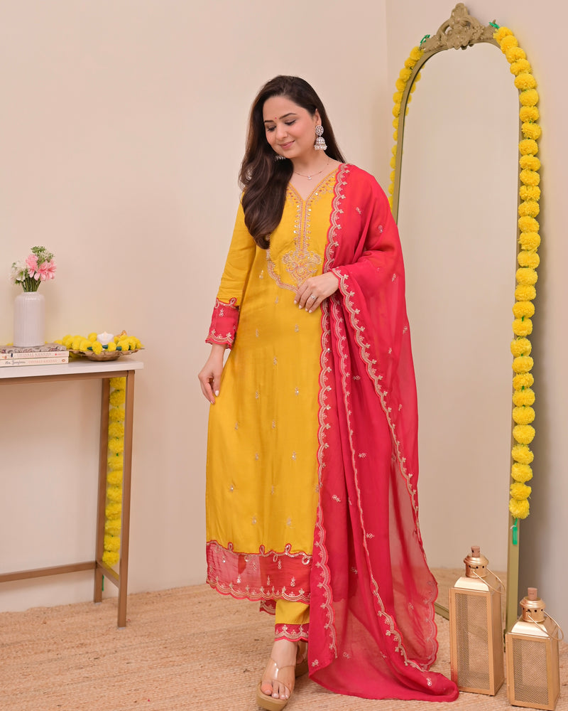 Marigold Muse Chanderi Silk Handwork Festive Suit