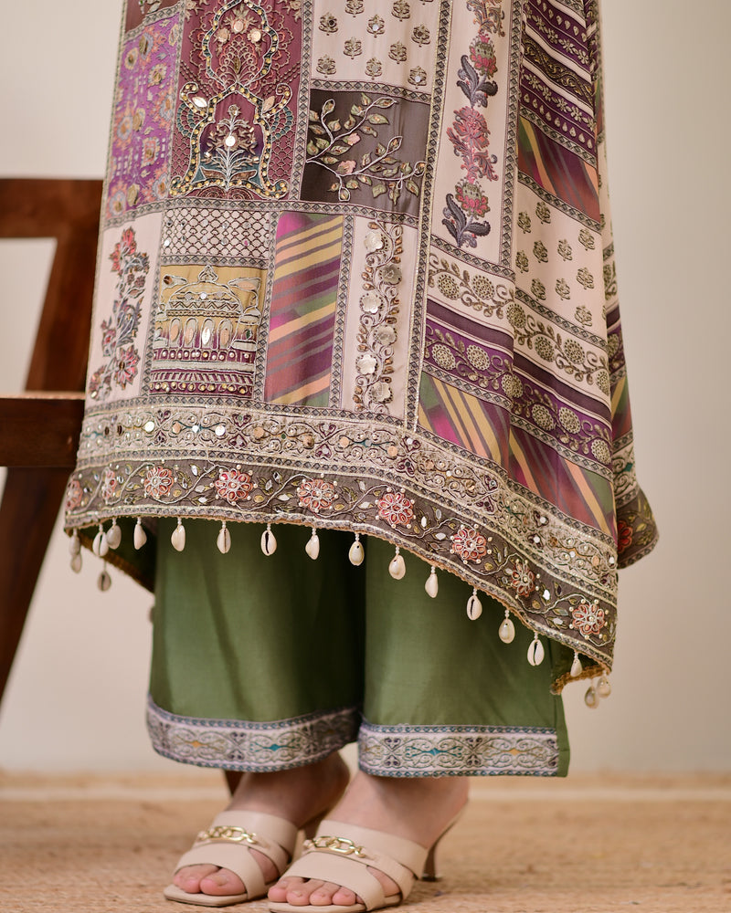Green Crepe Handwork A Line Festive Suit