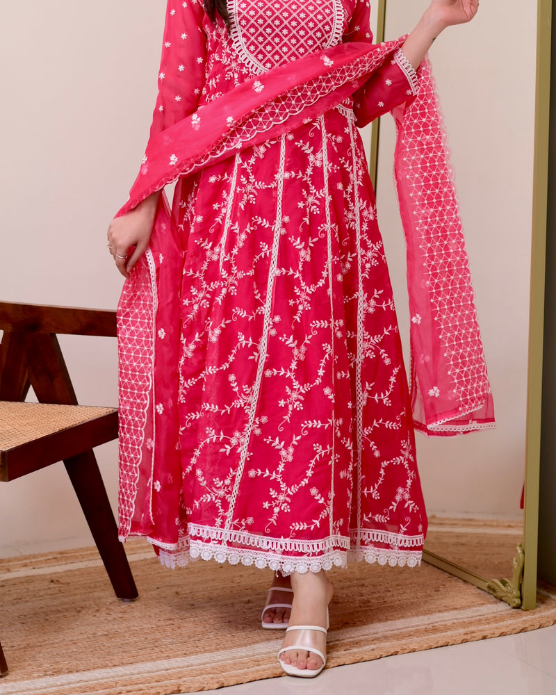 Pink Threadwork Organza Anarkali