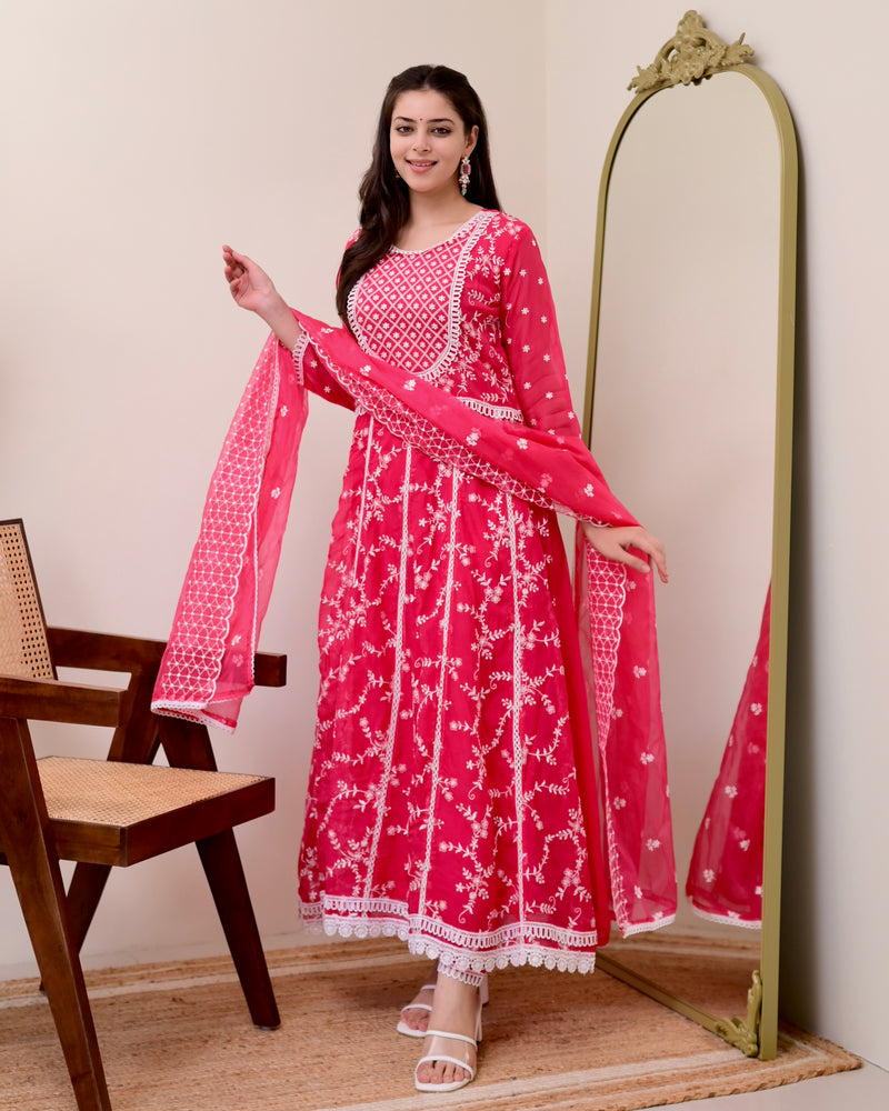 Pink Threadwork Organza Anarkali