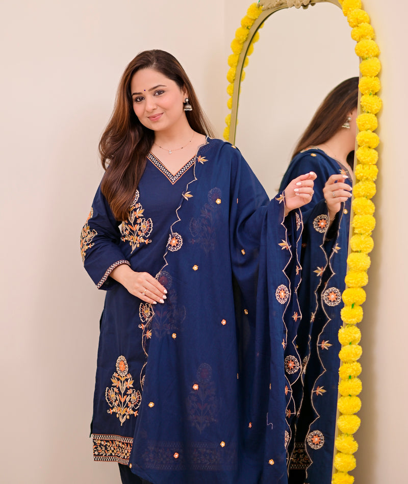 Peacock Blue Threadwork Cotton Farshi Shalwar Suit