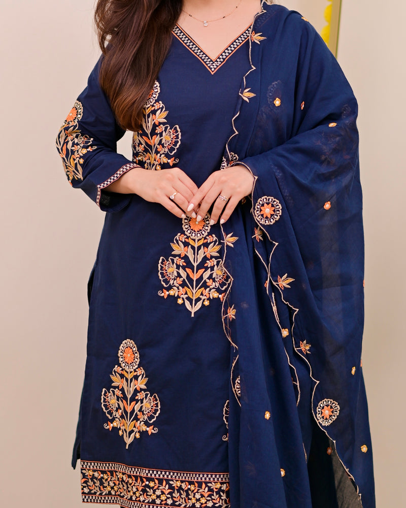 Peacock Blue Threadwork Cotton Farshi Shalwar Suit