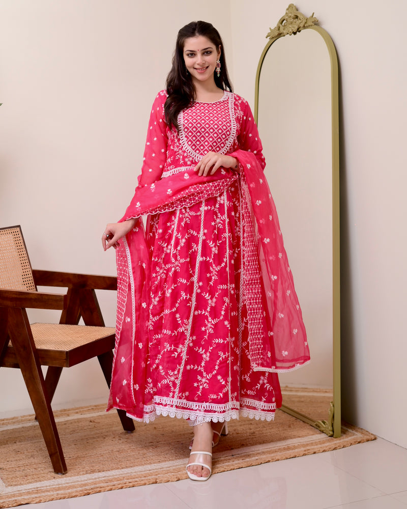Pink Threadwork Organza Anarkali