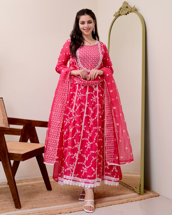 Pink Threadwork Organza Anarkali