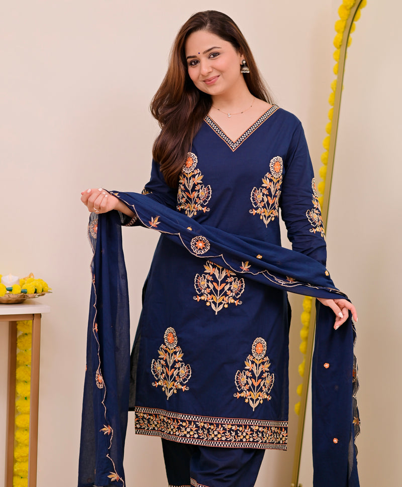 Peacock Blue Threadwork Cotton Farshi Shalwar Suit