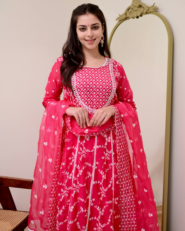 Pink Threadwork Organza Anarkali
