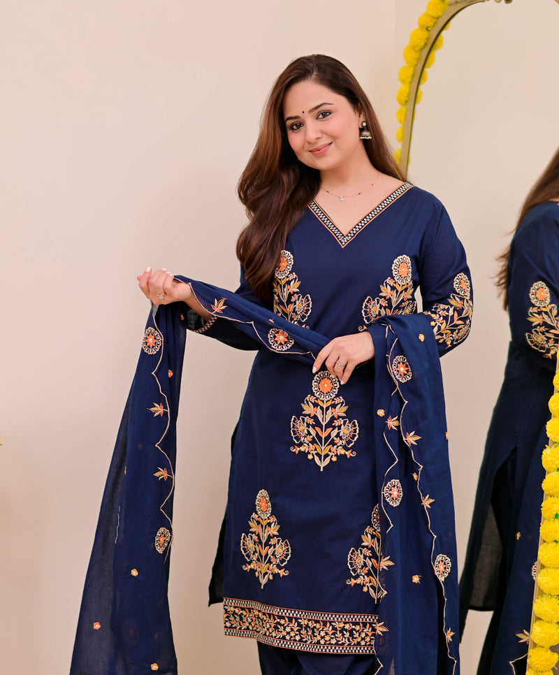 Peacock Blue Threadwork Cotton Farshi Shalwar Suit