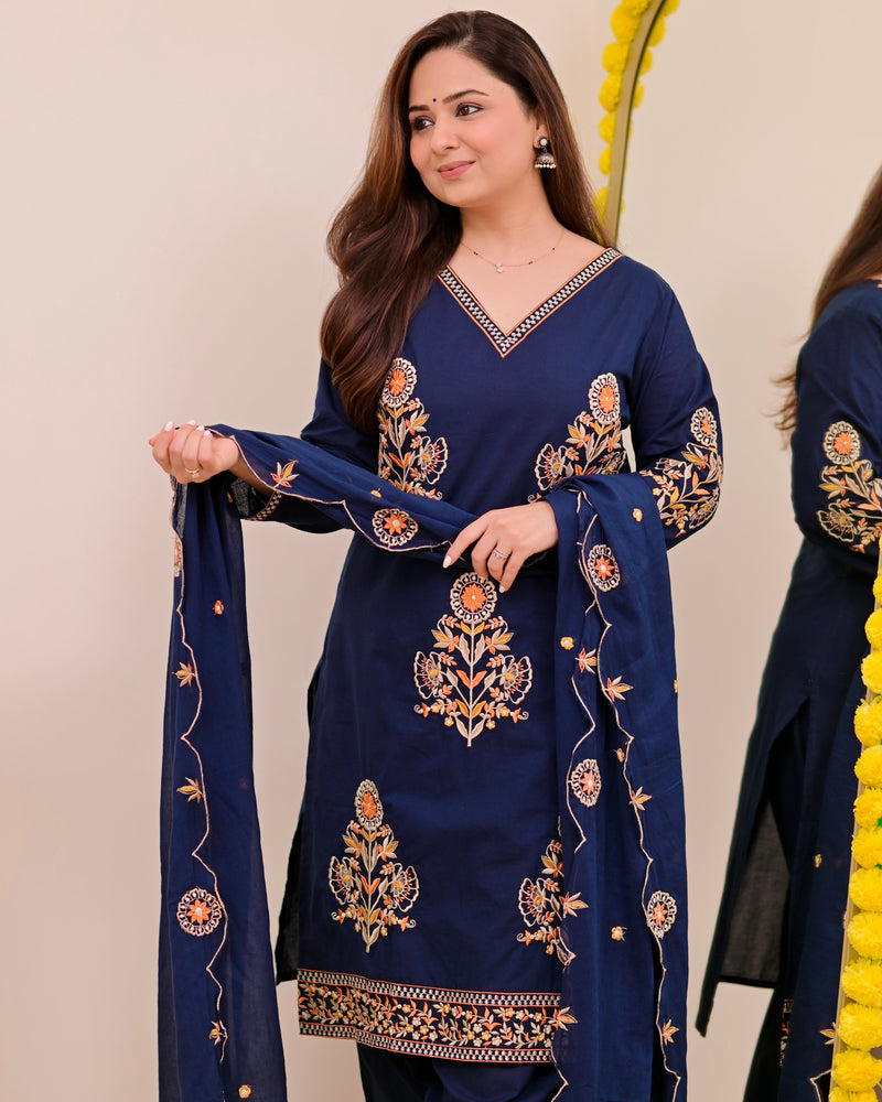 Peacock Blue Threadwork Cotton Farshi Shalwar Suit