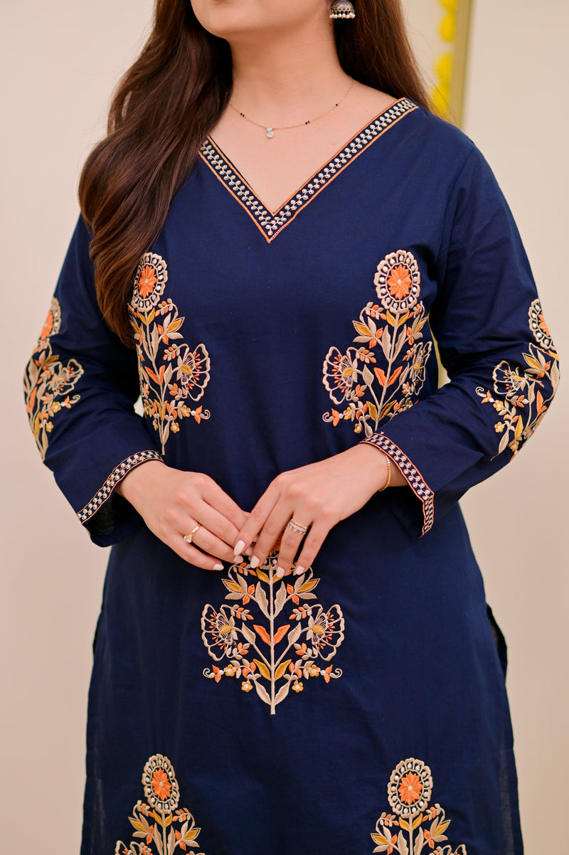 Peacock Blue Threadwork Cotton Farshi Shalwar Suit