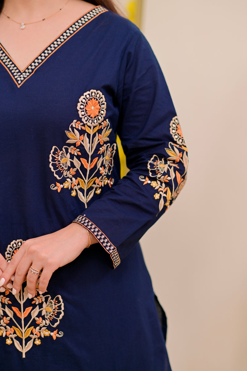 Peacock Blue Threadwork Cotton Farshi Shalwar Suit