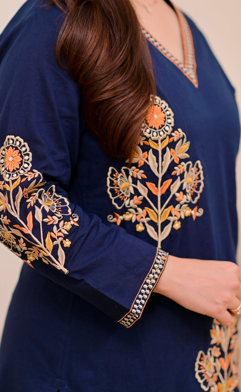 Peacock Blue Threadwork Cotton Farshi Shalwar Suit