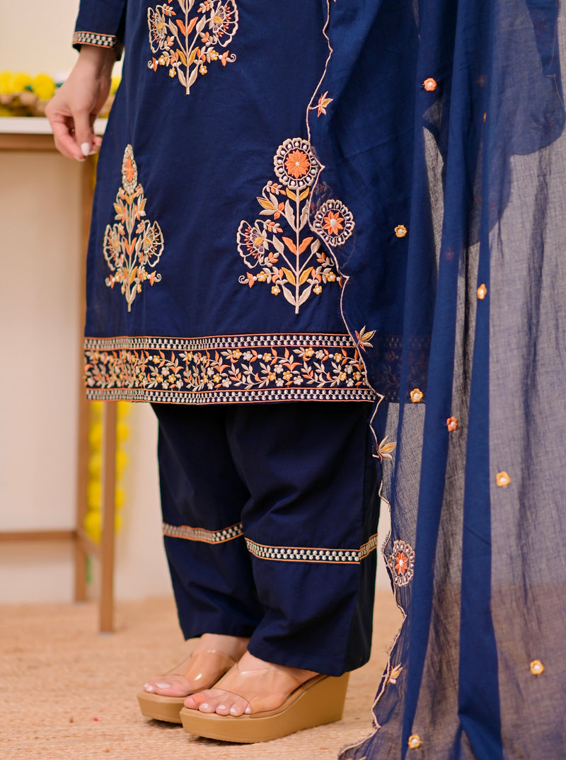 Peacock Blue Threadwork Cotton Farshi Shalwar Suit