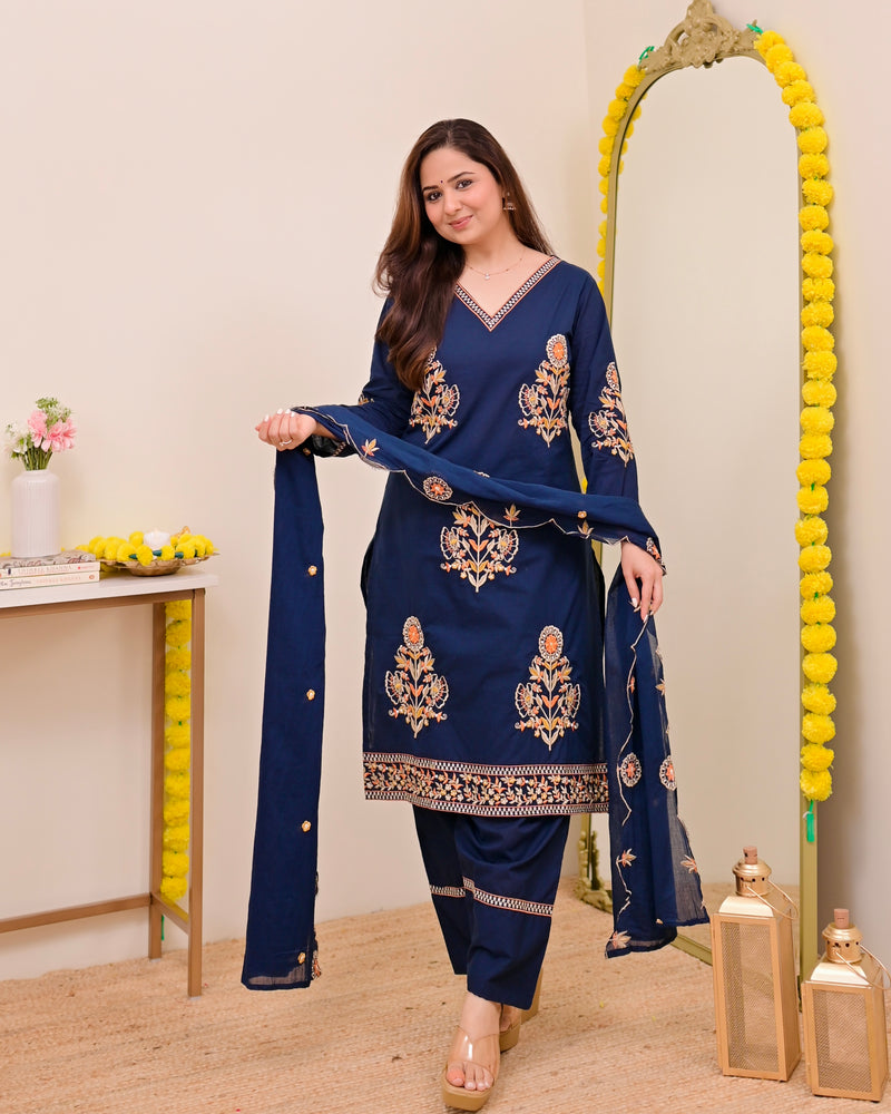 Peacock Blue Threadwork Cotton Farshi Shalwar Suit