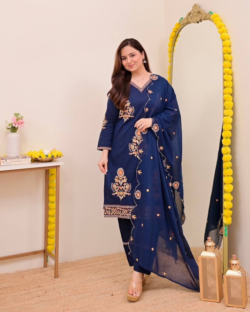 Peacock Blue Threadwork Cotton Farshi Shalwar Suit