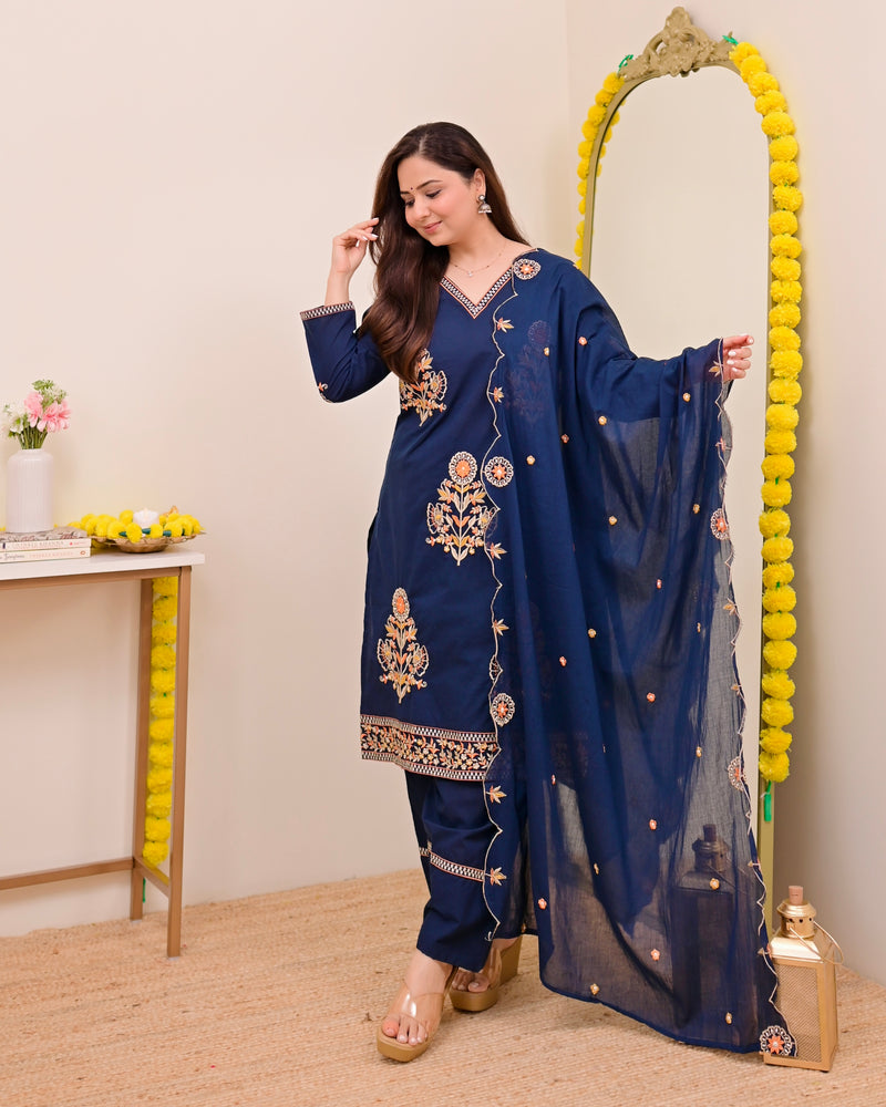 Peacock Blue Threadwork Cotton Farshi Shalwar Suit