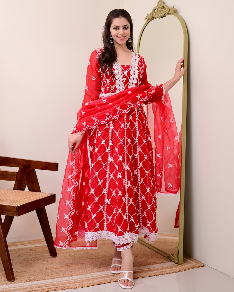 Red Organza Schiffli Anarkali