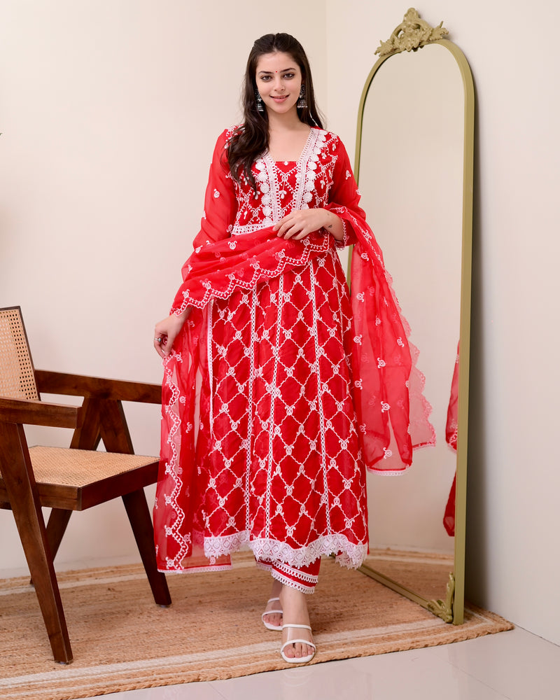 Red Organza Schiffli Anarkali