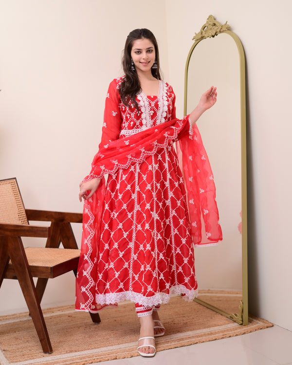Red Organza Schiffli Anarkali