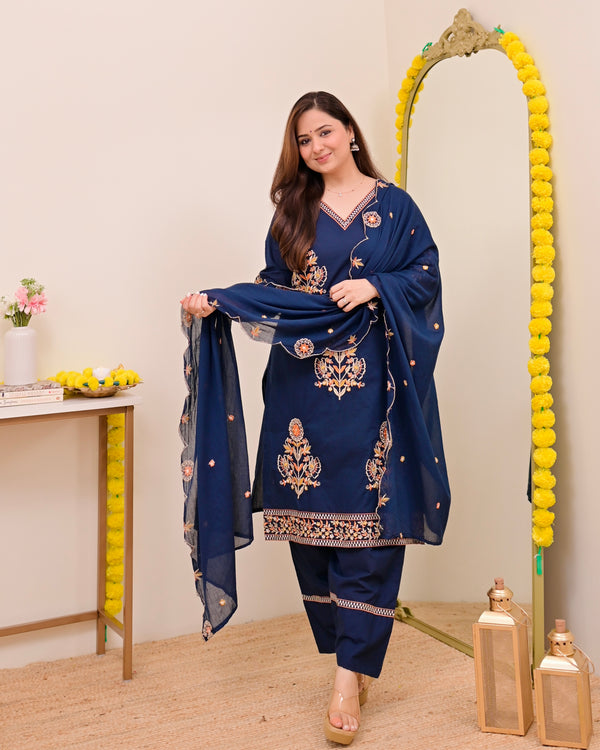 Peacock Blue Threadwork Cotton Farshi Shalwar Suit
