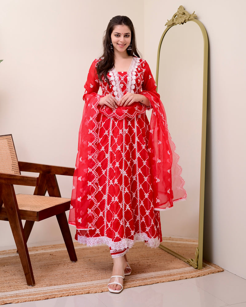 Red Organza Schiffli Anarkali