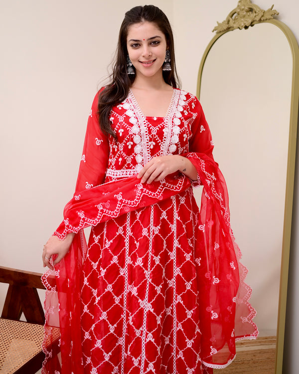 Red Organza Schiffli Anarkali