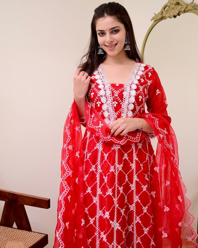 Red Organza Schiffli Anarkali