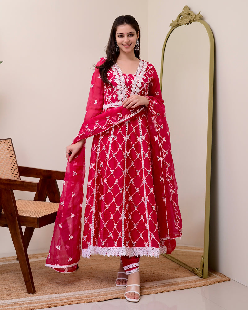Rani Pink Organza Schiffli Anarkali