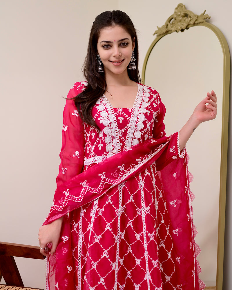 Rani Pink Organza Schiffli Anarkali