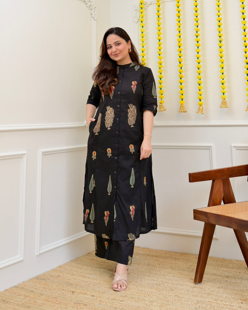 Black Minimal Floral Cotton Kurta Palazzo Set
