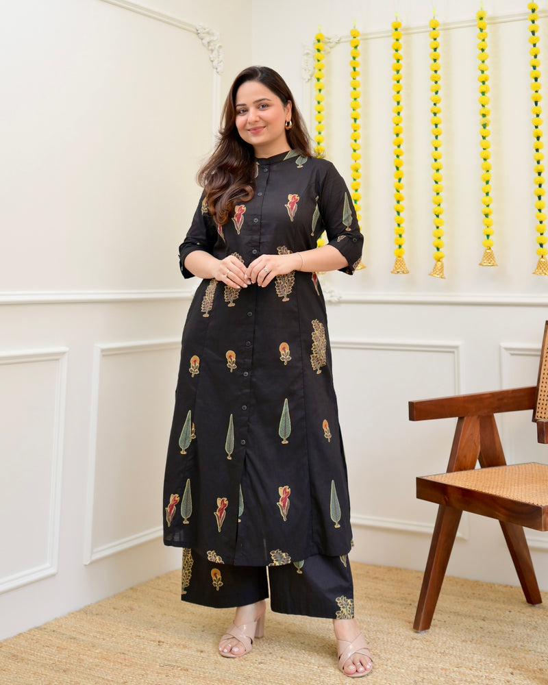 Black Minimal Floral Cotton Kurta Palazzo Set