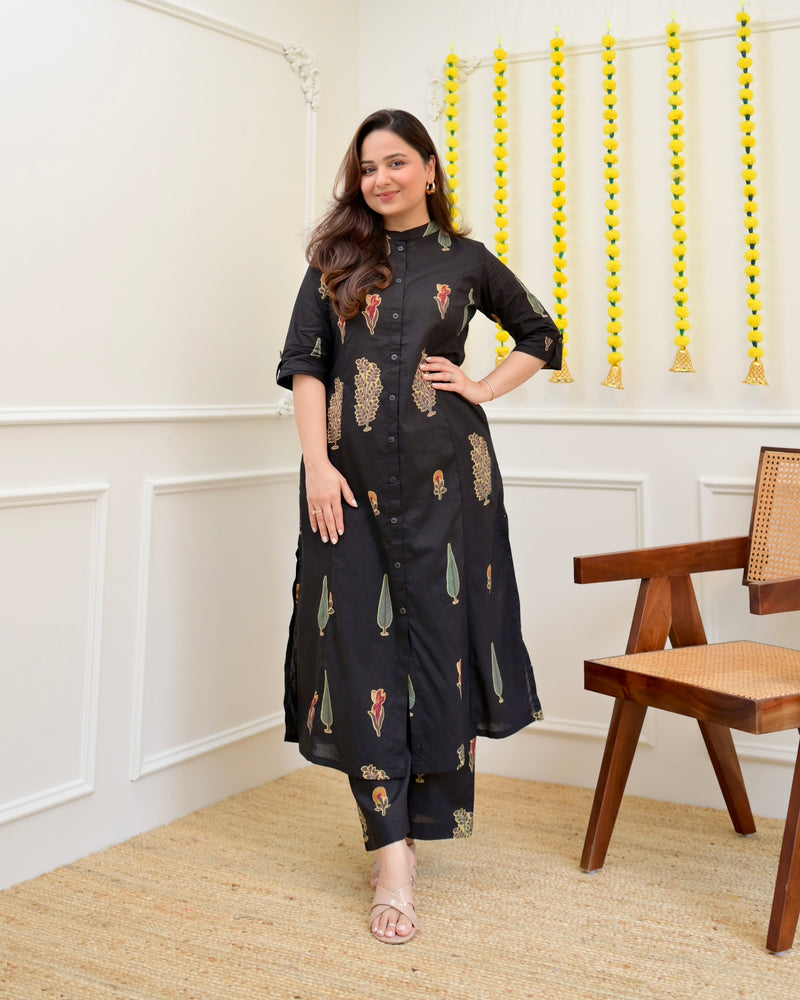 Black Minimal Floral Cotton Kurta Palazzo Set
