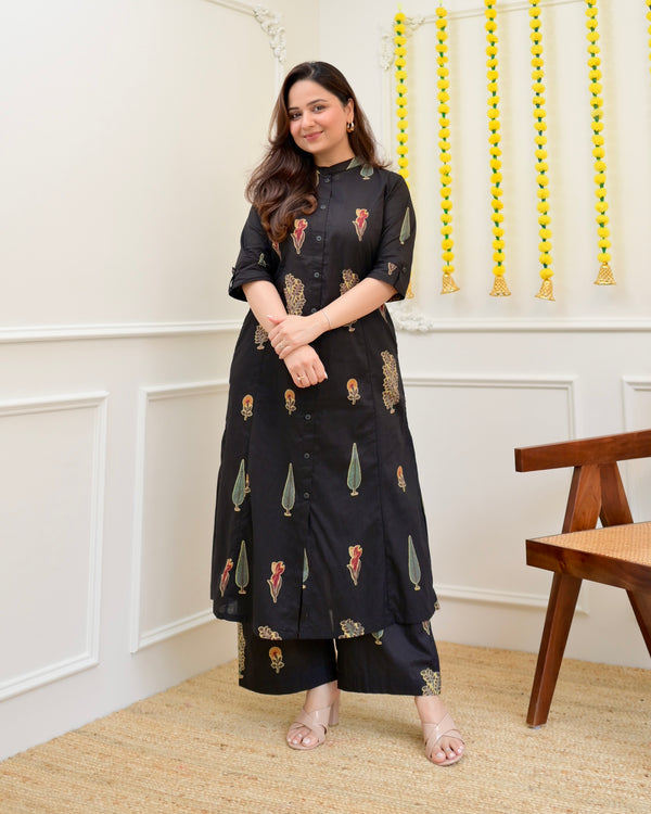 Black Minimal Floral Cotton Kurta Palazzo Set