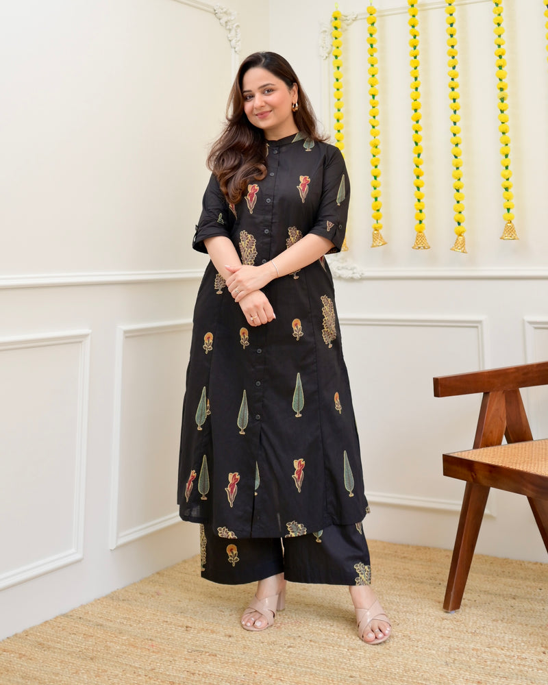 Black Minimal Floral Cotton Kurta Palazzo Set