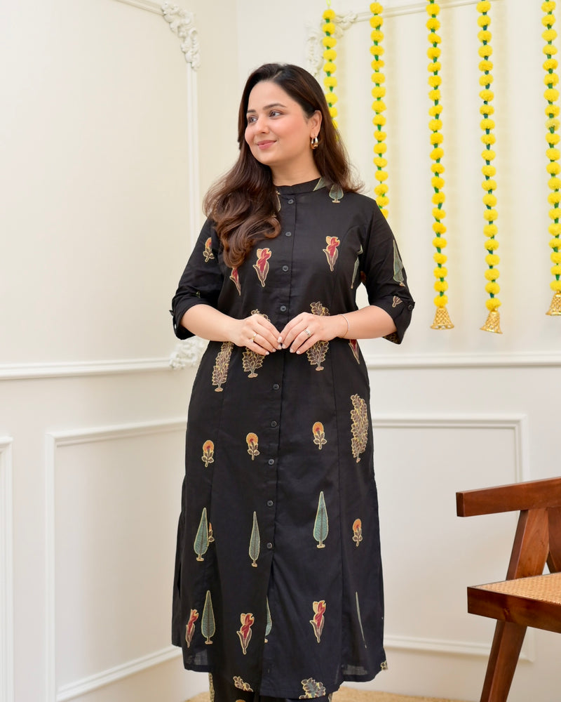 Black Minimal Floral Cotton Kurta Palazzo Set