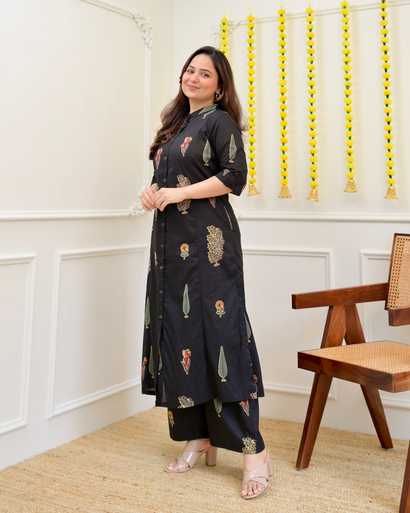 Black Minimal Floral Cotton Kurta Palazzo Set