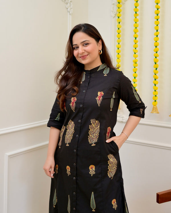 Black Minimal Floral Cotton Kurta Palazzo Set