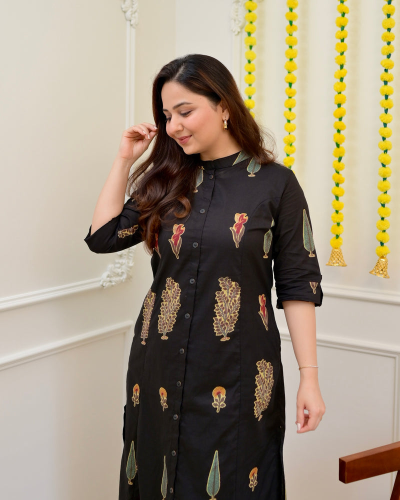 Black Minimal Floral Cotton Kurta Palazzo Set
