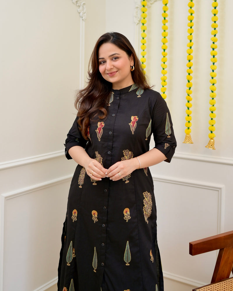 Black Minimal Floral Cotton Kurta Palazzo Set