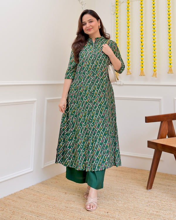 Bottle Green Bandhani Cotton Silk Kurta Palazzo Set