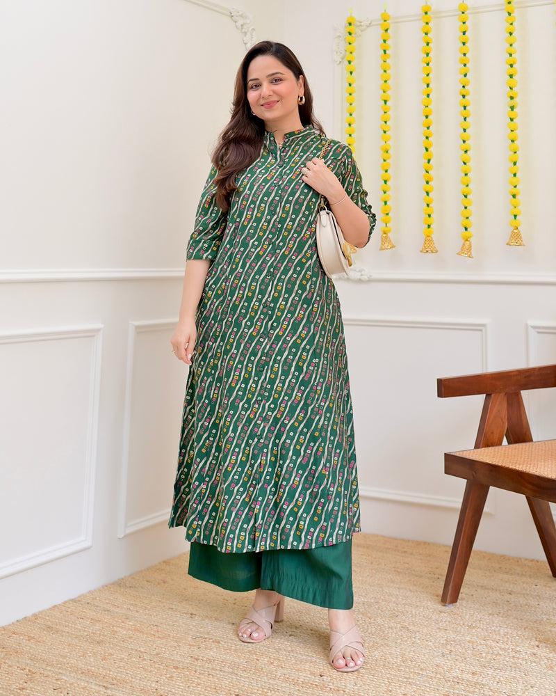 Bottle Green Bandhani Cotton Silk Kurta Palazzo Set