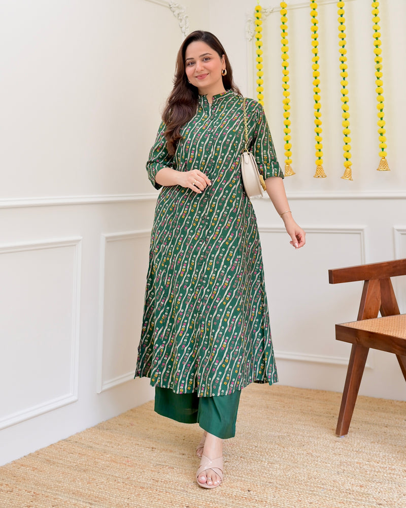 Bottle Green Bandhani Cotton Silk Kurta Palazzo Set