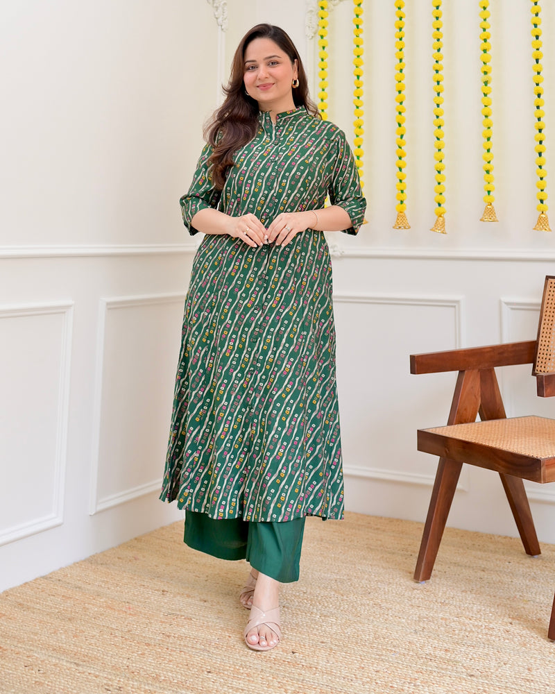 Bottle Green Bandhani Cotton Silk Kurta Palazzo Set