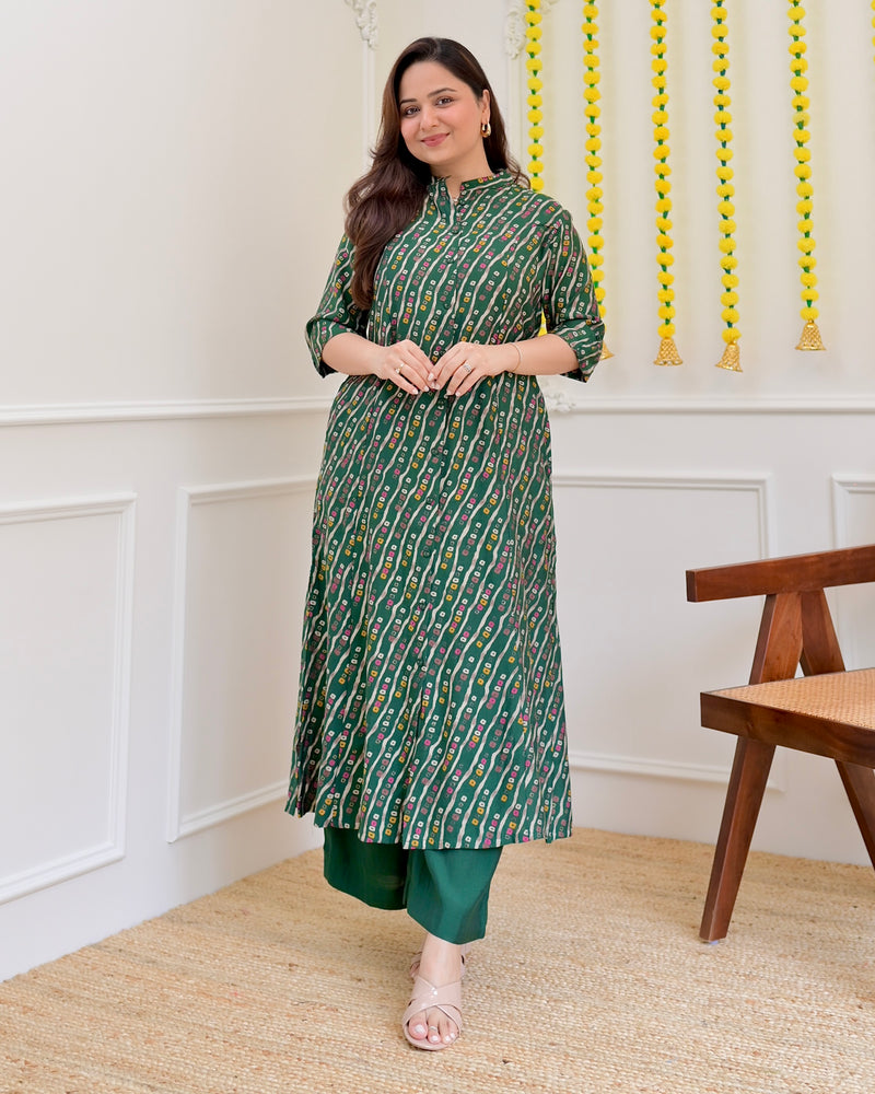 Bottle Green Bandhani Cotton Silk Kurta Palazzo Set