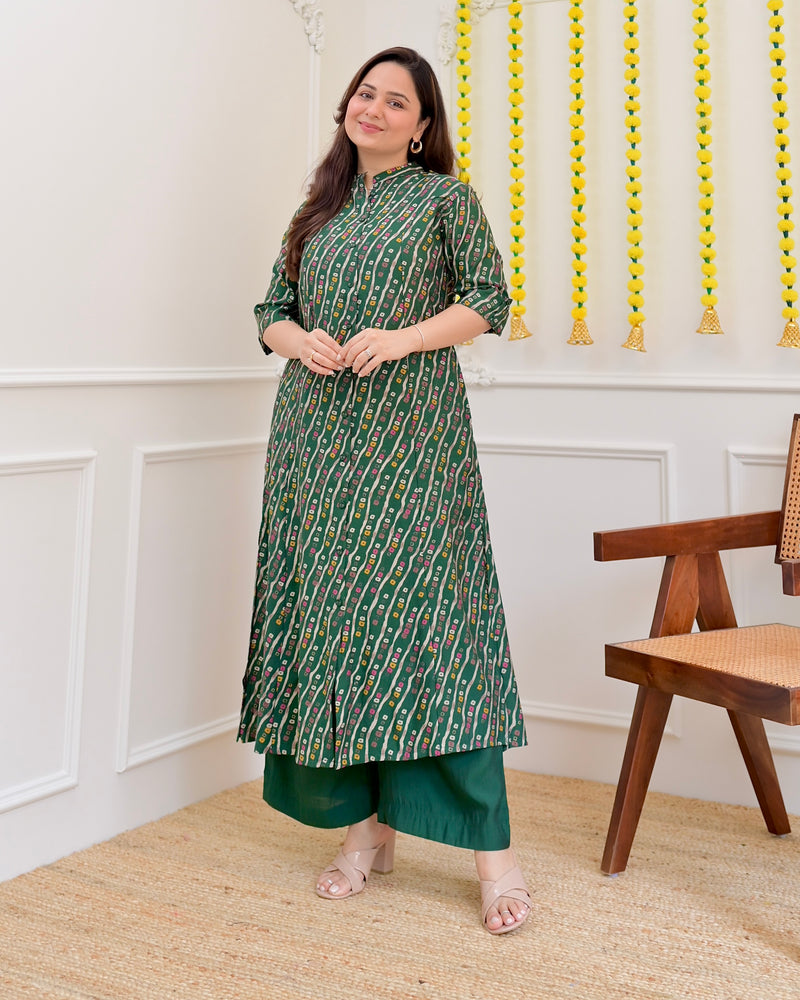 Bottle Green Bandhani Cotton Silk Kurta Palazzo Set