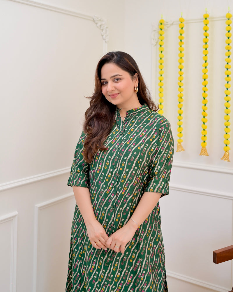 Bottle Green Bandhani Cotton Silk Kurta Palazzo Set