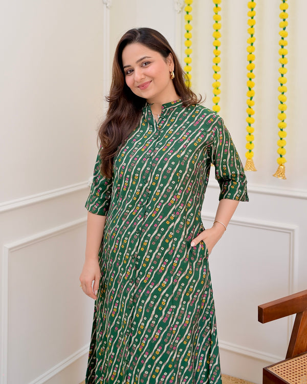 Bottle Green Bandhani Cotton Silk Kurta Palazzo Set